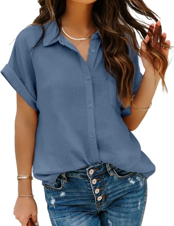 Women Chiffon Button Down Shirts with Pocket Short Sleeve Office Blouses V Neck Casual Business Tops Slim Fit Shirts