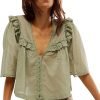 71hv4CmE3yL._AC_SL1500 Women's Sexy Low Cut Chiffon Shirt 3/4 Sleeve V Neck Sheer Button Down Blouse Cute Ruffle Lace Trim Top