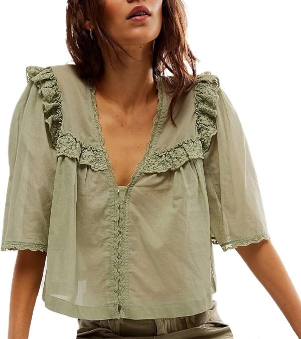 71hv4CmE3yL._AC_SL1500 Women's Sexy Low Cut Chiffon Shirt 3/4 Sleeve V Neck Sheer Button Down Blouse Cute Ruffle Lace Trim Top