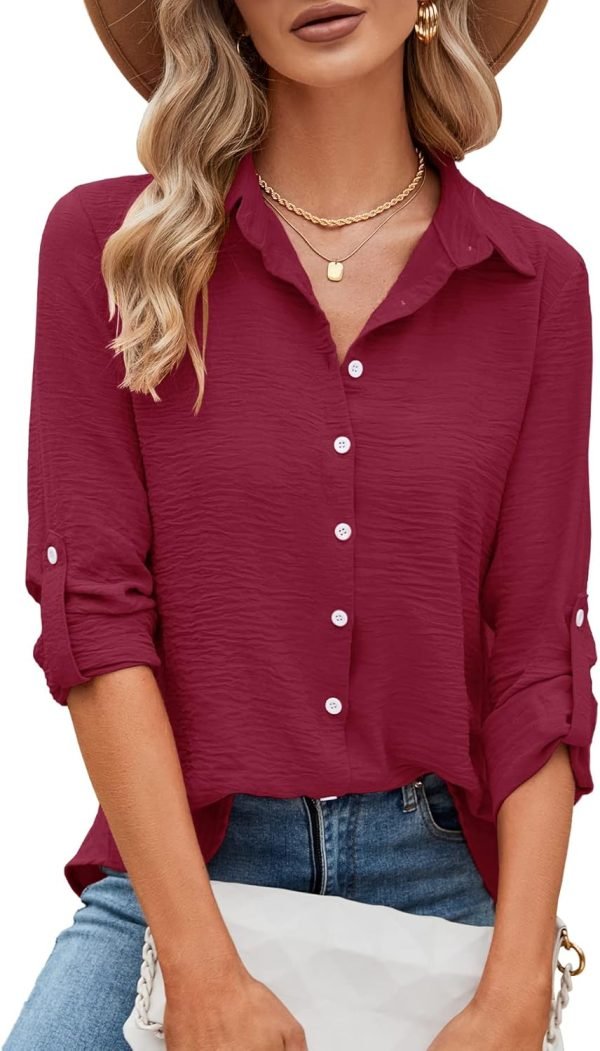 Womens Button Down Shirts V Neck Roll Up 3/4 Length Sleeve Tops Elegant Dressy Blouses Business Casual Outfits