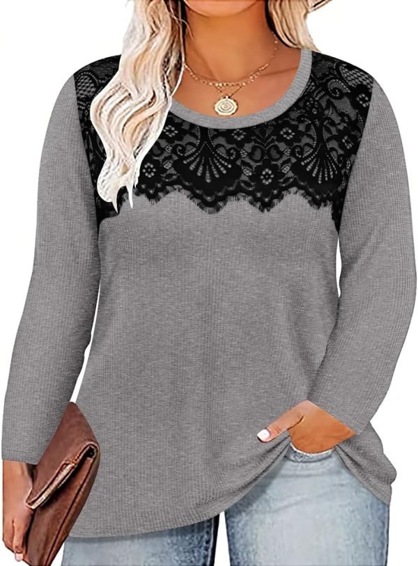 Plus Size Lace Tops for Women Long Sleeve Crewneck Pullover Fall T-shirts Tunics Basic Tees T-Shirts XL-5XL