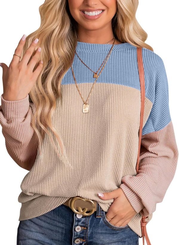 Womens Fashion 2024 Color Block Long Sleeve Crewneck Knitted Casual Loose Pullover Shirts Tops