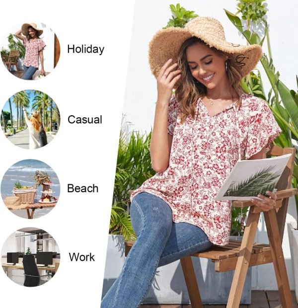 Womens 2024 Summer Tunic Tops Casual Short Sleeve Blouses V Neck Dressy Chiffon Boho Tshirts