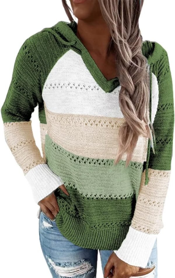 Women Color Block Hooded Crochet Striped Sweaters Lightweight Drawstring Hoodies Pullover Trendy Sweatshirts