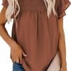 Womens Crewneck Lace Crochet Pom Pom Flowy Short Sleeve Casual Shirts Blouses Tops