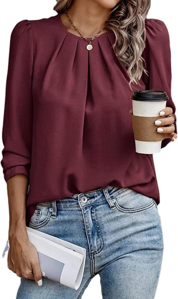 Womens Tops Dressy Casual Pleated Crew Neck Long Sleeve Shirts Office Work Chiffon Blouses