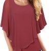 Women's Lightweight Flowy Shirt Double-Layered Printed Chiffon Poncho Blouse Top