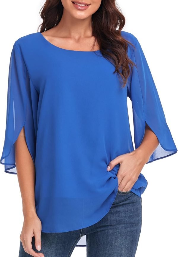 Womens Tops Dressy Casual Summer Chiffon Blouse 3/4 Sleeve Loose Mesh Tunic Shirts