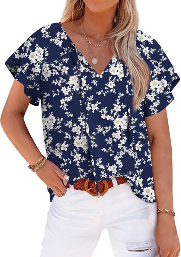 Womens 2024 Summer Tunic Tops Casual Short Sleeve Blouses V Neck Dressy Chiffon Boho Tshirts