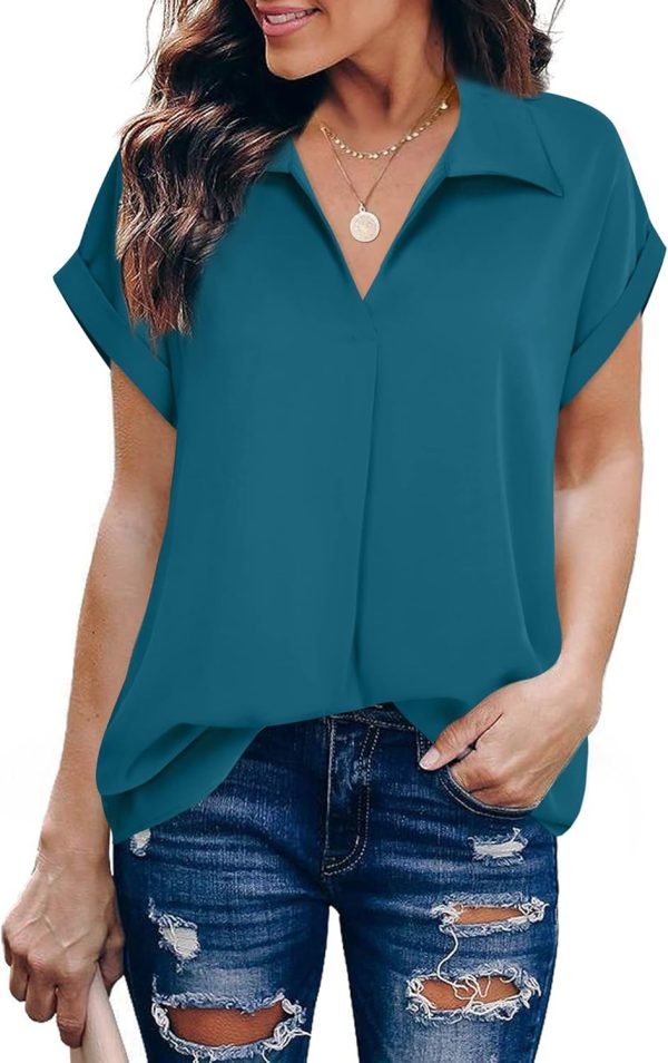 Women's Summer Work Blouse V Neck Short Sleeve Lapel Shirt Top Tunic