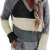 Women Color Block Hooded Crochet Striped Sweaters Lightweight Drawstring Hoodies Pullover Trendy Sweatshirts