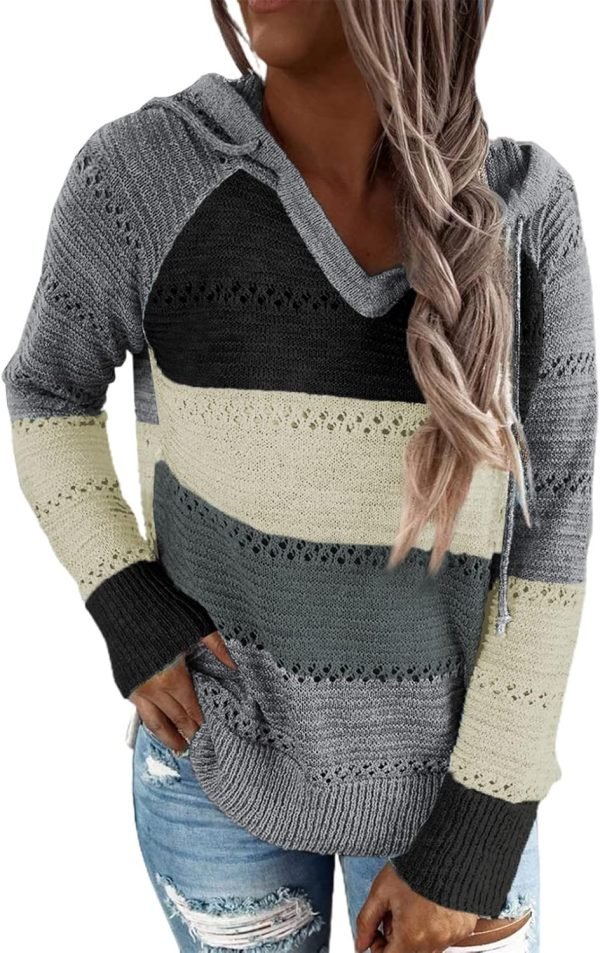 Women Color Block Hooded Crochet Striped Sweaters Lightweight Drawstring Hoodies Pullover Trendy Sweatshirts