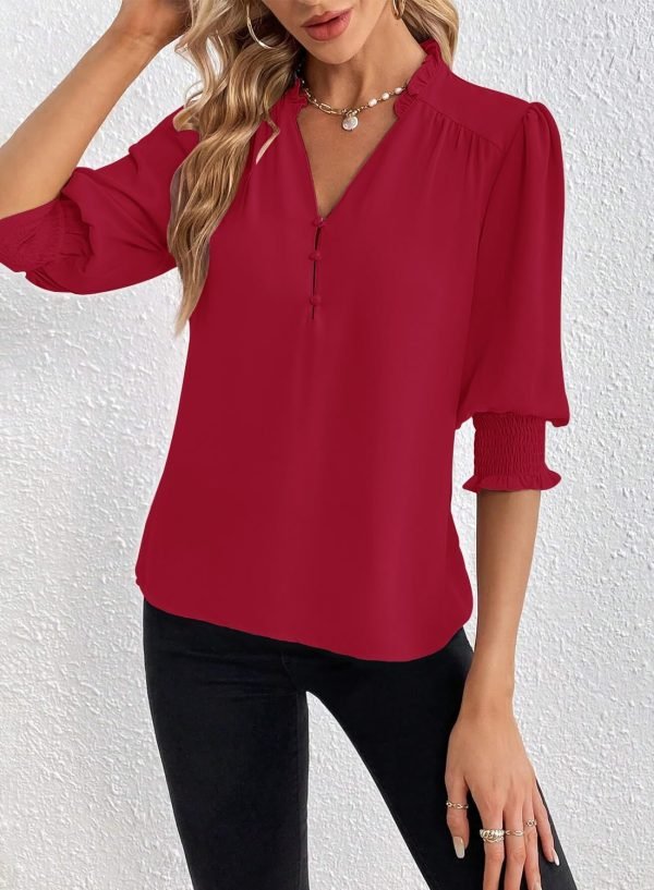 Women's Summer Puff Sleeve Top V Neck Ruffle Button Shirt Pleated Dressy Casual Chiffon Blouses