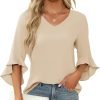 Chiffon Blouses for Women Ruffle 3/4 Sleeve Dressy V Neck Casual Flowy Tunic Tops