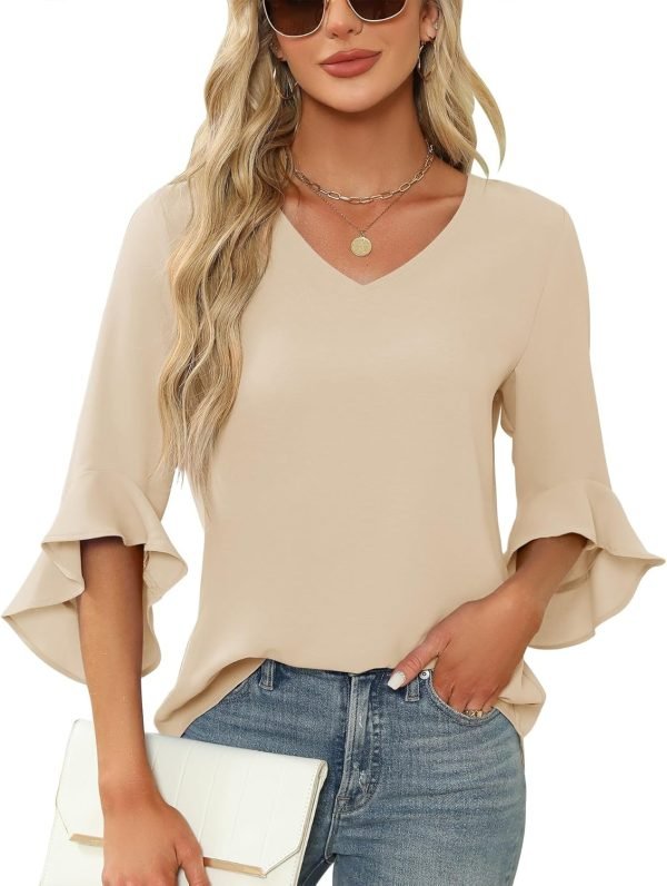 Chiffon Blouses for Women Ruffle 3/4 Sleeve Dressy V Neck Casual Flowy Tunic Tops