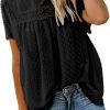 Womens Crewneck Lace Crochet Pom Pom Flowy Short Sleeve Casual Shirts Blouses Tops