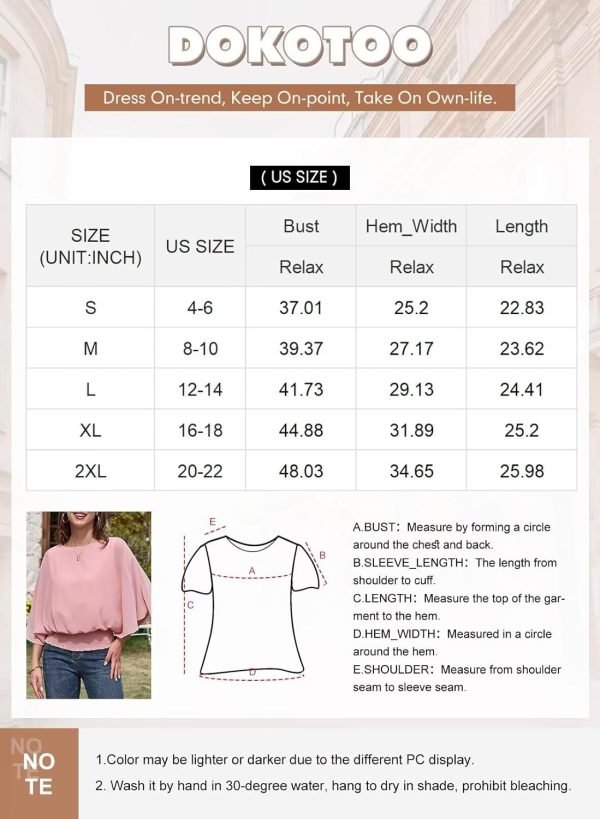 Womens Solid Short Sleeve Boat Crew Neck Chiffon Blouses 3/4 Sleeve Casual Dressy Shirts Batwing Dolman Top Tunic