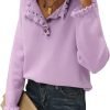 Women's Sweaters Casual Long Sleeve Button Down Crew Neck Ruffle Knit Pullover Sweater Tops Solid Color Striped