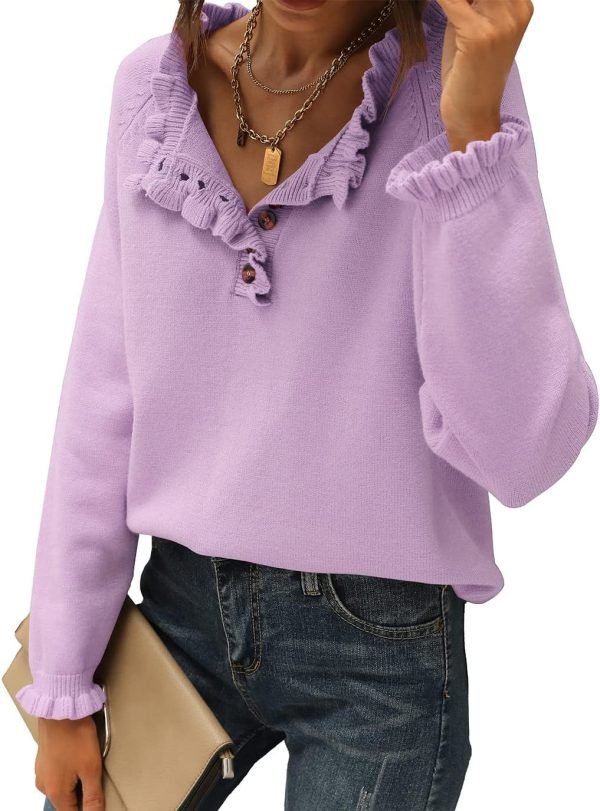 Women's Sweaters Casual Long Sleeve Button Down Crew Neck Ruffle Knit Pullover Sweater Tops Solid Color Striped