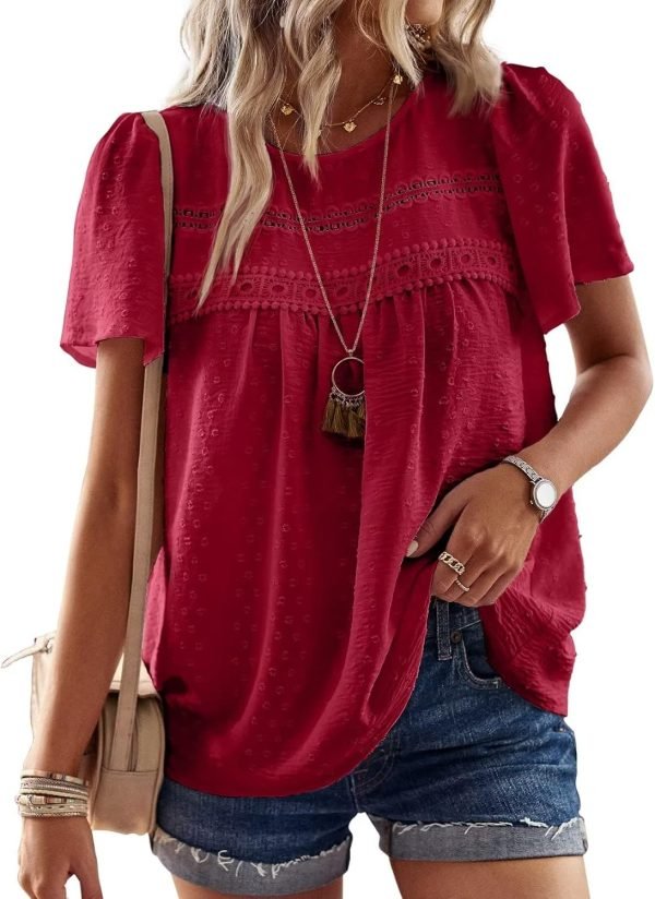 Womens Summer Tops Crewneck Short Sleeve Shirts Casual Chiffon Blouses Flowy Lace Hem Boho Clothing Trendy 2024