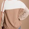 Womens Fashion 2024 Color Block Long Sleeve Crewneck Knitted Casual Loose Pullover Shirts Tops