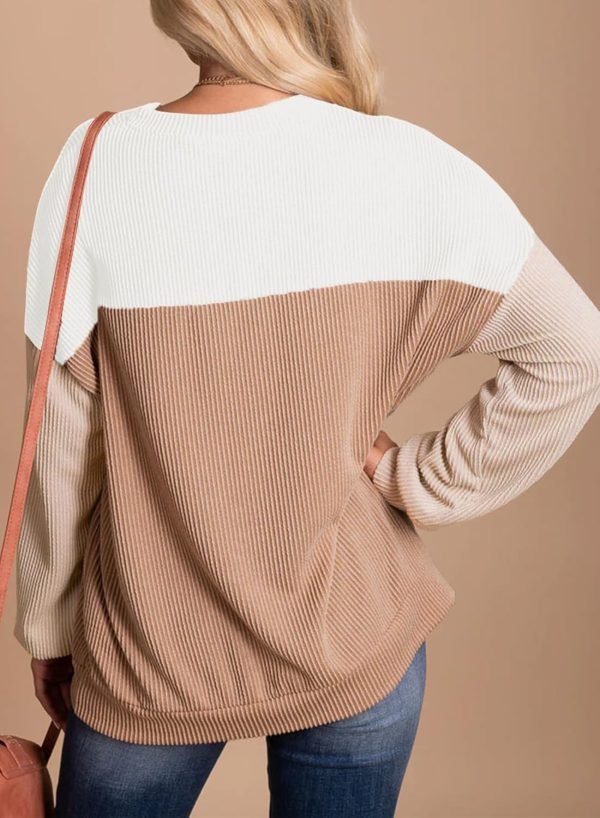 Womens Fashion 2024 Color Block Long Sleeve Crewneck Knitted Casual Loose Pullover Shirts Tops