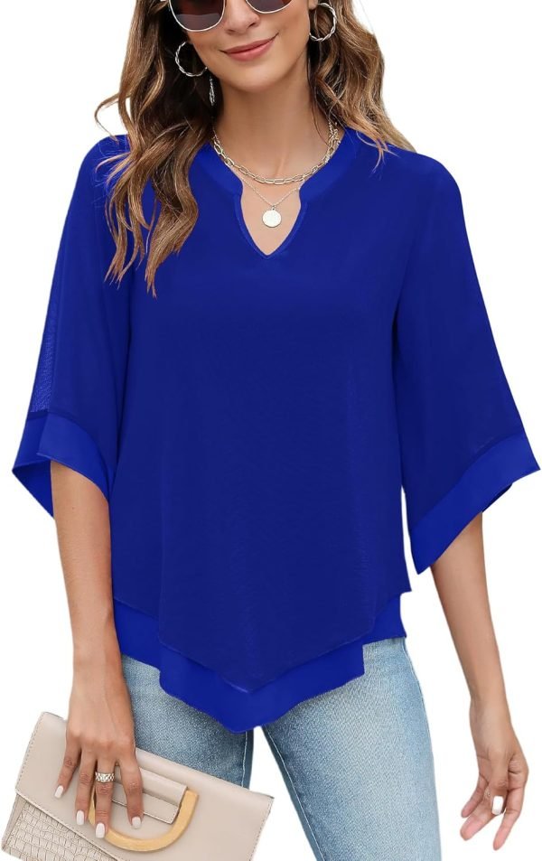 Womens 3/4 Sleeve Chiffon Blouses V Neck Double Layers Mesh Shirts Dressy Flowy Tunic Tops (M-5XL)