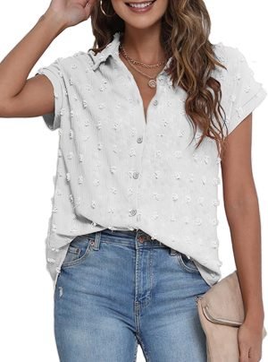 71lAEZdEd9L._AC_SL1500 Women White Button Down Shirt Dressy Casual Work Tops Chiffon Blouse Summer Short Sleeve Shirts