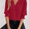 Women's Summer Puff Sleeve Top V Neck Ruffle Button Shirt Pleated Dressy Casual Chiffon Blouses