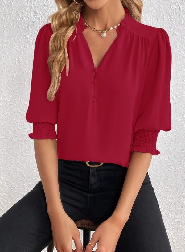Women's Summer Puff Sleeve Top V Neck Ruffle Button Shirt Pleated Dressy Casual Chiffon Blouses