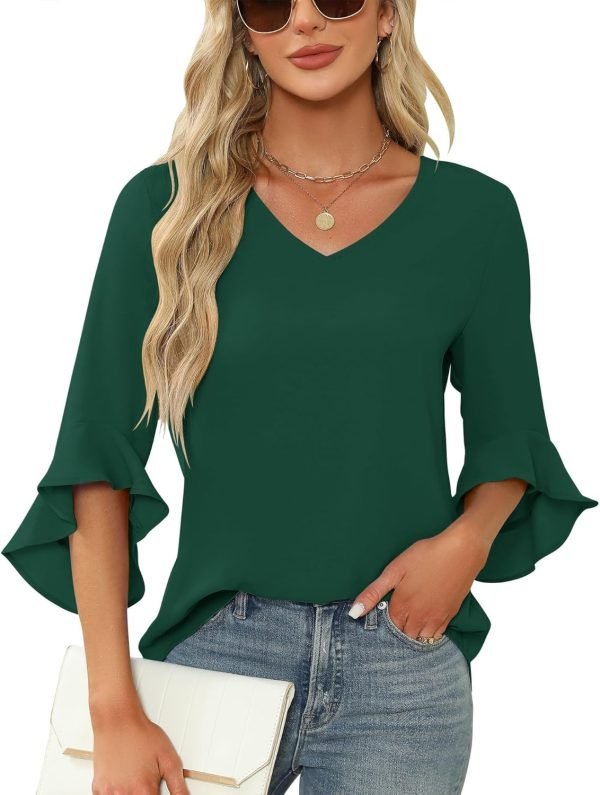 Chiffon Blouses for Women Ruffle 3/4 Sleeve Dressy V Neck Casual Flowy Tunic Tops