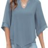 Womens 3/4 Sleeve Chiffon Blouses V Neck Double Layers Mesh Shirts Dressy Flowy Tunic Tops (M-5XL)
