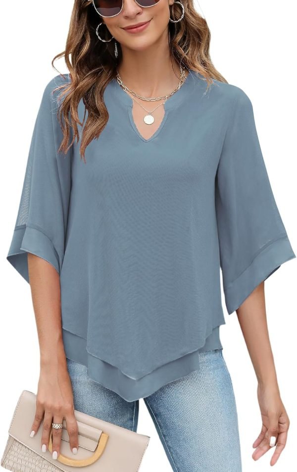 Womens 3/4 Sleeve Chiffon Blouses V Neck Double Layers Mesh Shirts Dressy Flowy Tunic Tops (M-5XL)