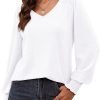 Women's Casual Long Sleeve Tops Shirred Shoulders Solid Color Knit Ribbed T Shirts Blouses