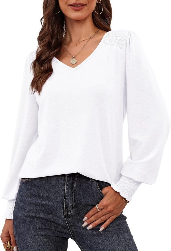 Women's Casual Long Sleeve Tops Shirred Shoulders Solid Color Knit Ribbed T Shirts Blouses