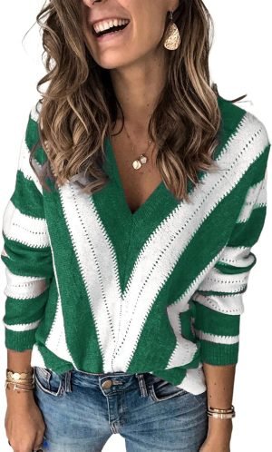 71mM44sXaOS._AC_SL1500 Womens 2024 Deep V Neck Sweaters Striped Long Sleeve Knit Pullover Sweaters for Women