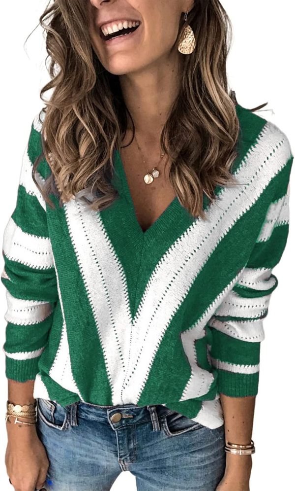 Womens 2024 Deep V Neck Sweaters Striped Long Sleeve Knit Pullover Sweaters for Women