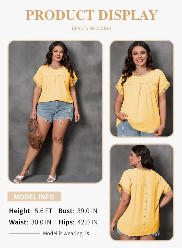 71mO7xnUXbL._AC_SL1500 Women Plus Size Tops Crewneck Short Sleeve Lace Crochet Loose Casual Summer Blouses Shirts(1X-5X)