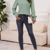 Women's Casual Long Sleeve Tops Shirred Shoulders Solid Color Knit Ribbed T Shirts Blouses