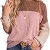 Womens Fashion 2024 Color Block Long Sleeve Crewneck Knitted Casual Loose Pullover Shirts Tops
