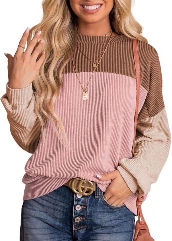 Womens Fashion 2024 Color Block Long Sleeve Crewneck Knitted Casual Loose Pullover Shirts Tops