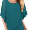 Women's Lightweight Flowy Shirt Double-Layered Printed Chiffon Poncho Blouse Top