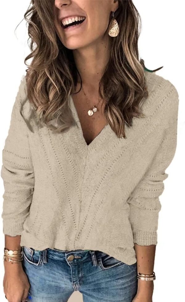 Womens 2024 Deep V Neck Sweaters Striped Long Sleeve Knit Pullover Sweaters for Women