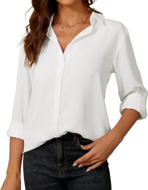 71nAlbNAkKL._AC_SL1500 Womens Button Down Shirt Long Sleeve Classic Collared Tops Work Office Casual Chiffon Blouse