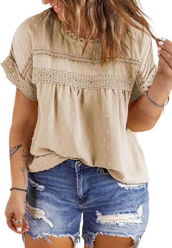 71nIHGVA-zL._AC_SL1500 Women Plus Size Tops Crewneck Short Sleeve Lace Crochet Loose Casual Summer Blouses Shirts(1X-5X)