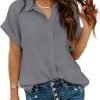 Women Chiffon Button Down Shirts with Pocket Short Sleeve Office Blouses V Neck Casual Business Tops Slim Fit Shirts