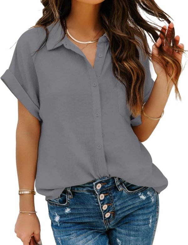 Women Chiffon Button Down Shirts with Pocket Short Sleeve Office Blouses V Neck Casual Business Tops Slim Fit Shirts