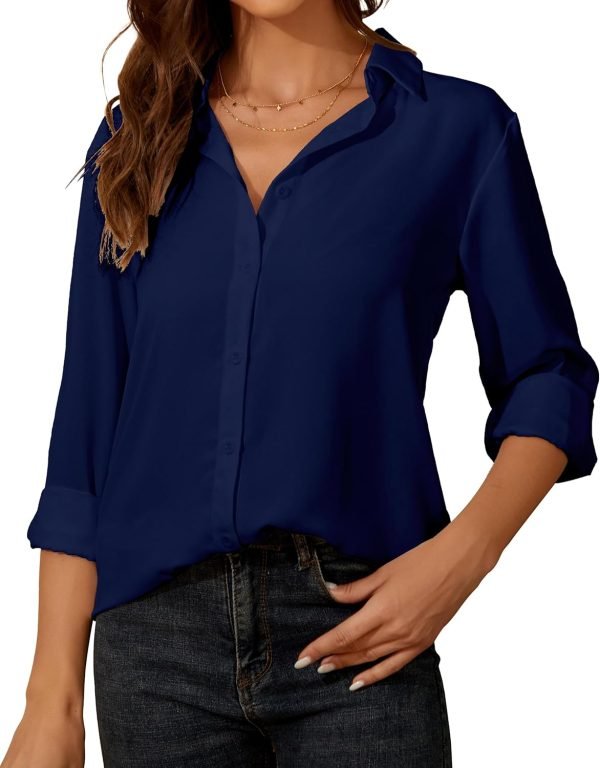 Womens Button Down Shirt Long Sleeve Classic Collared Tops Work Office Casual Chiffon Blouse