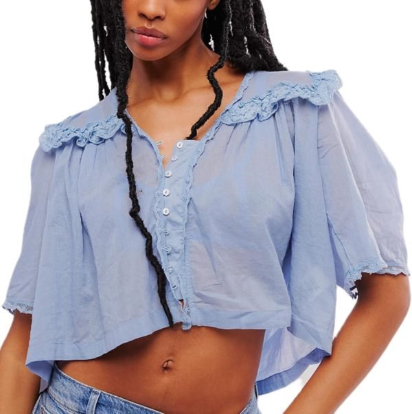 71o70etYhaL._AC_SL1500 Women's Sexy Low Cut Chiffon Shirt 3/4 Sleeve V Neck Sheer Button Down Blouse Cute Ruffle Lace Trim Top