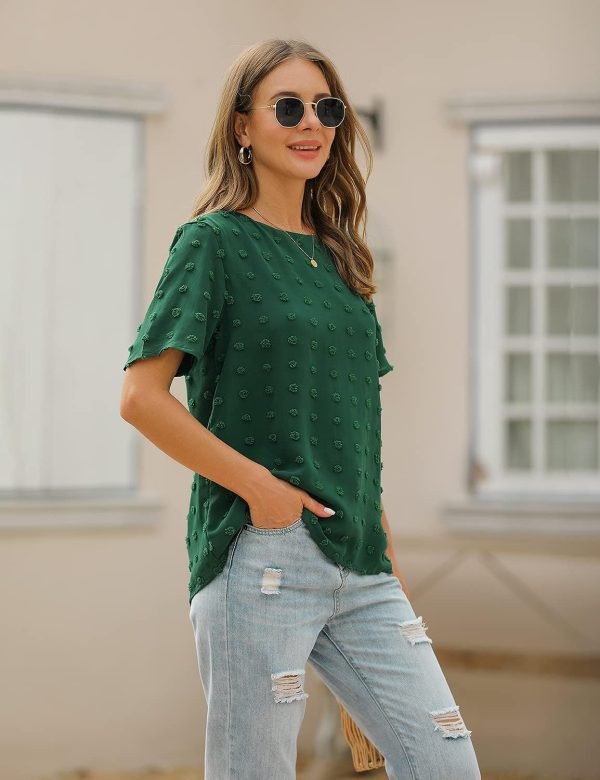 Womens Chiffon Blouse Summer Casual Round Neck Short Sleeve Pom Pom Shirts Top